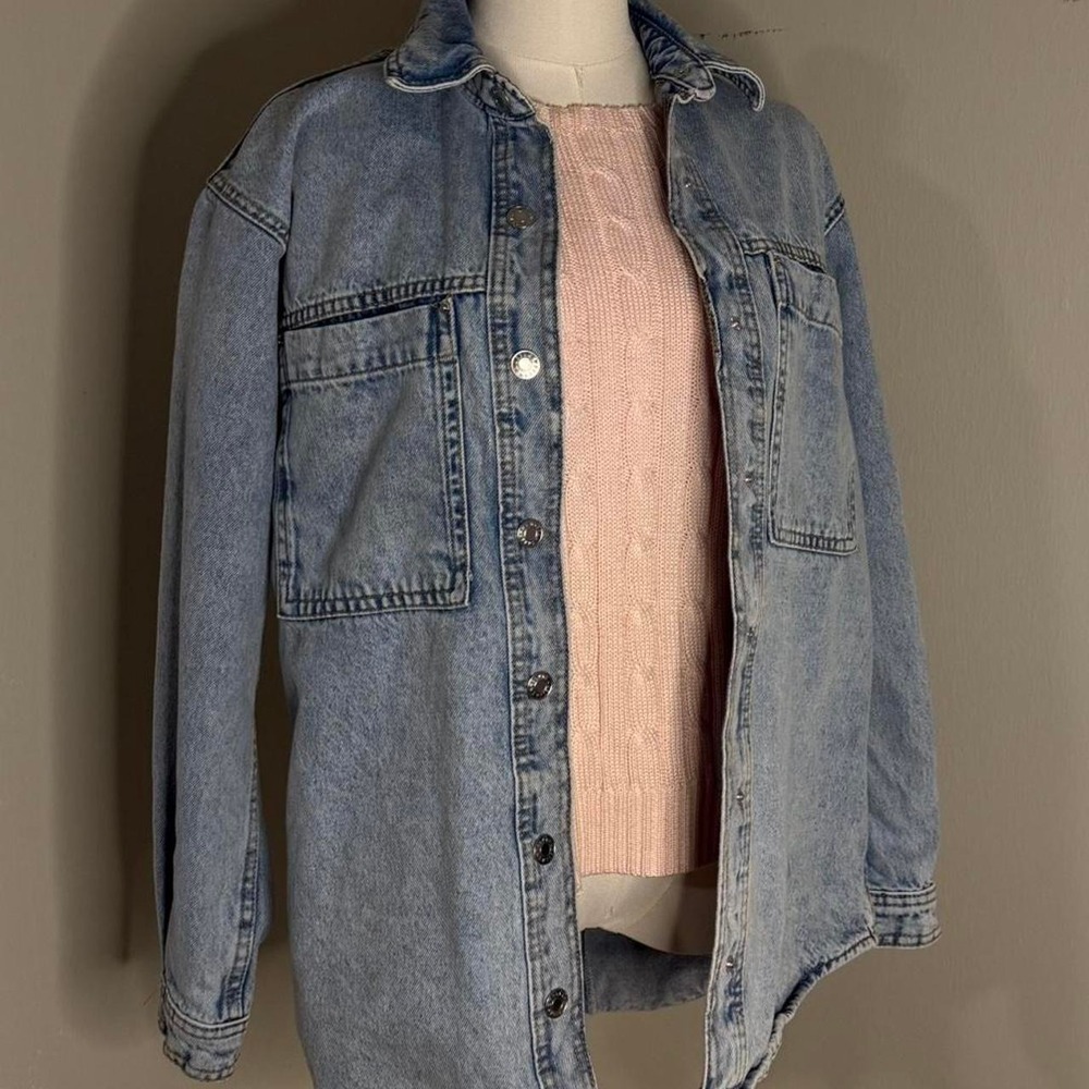 MANGO Women Light Blue Oversized Denim Jacket Button Up Pockets USA 2 XS